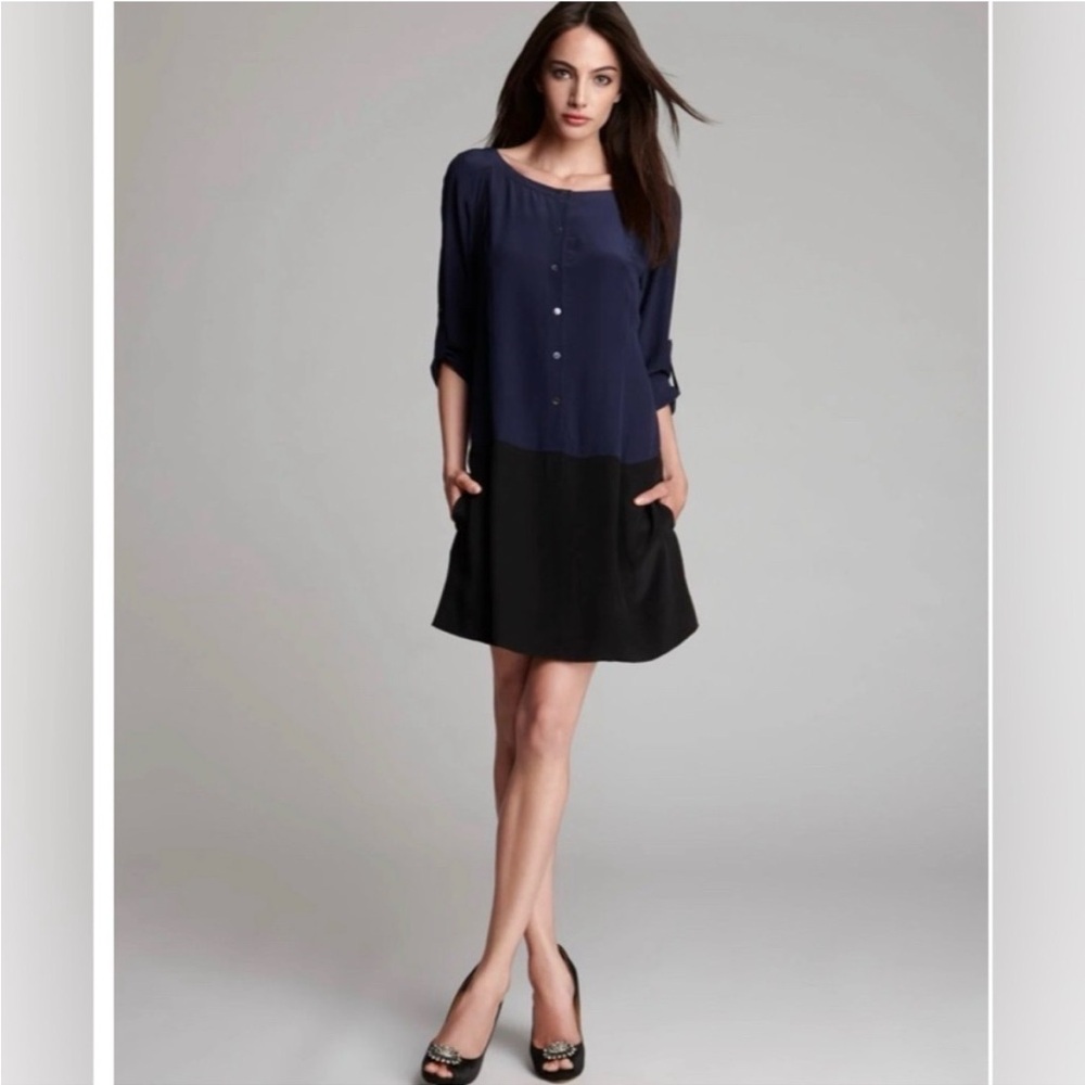 Eileen Fisher Silk Tunic Top Crepe De Chine Size Small Navy Blue Black